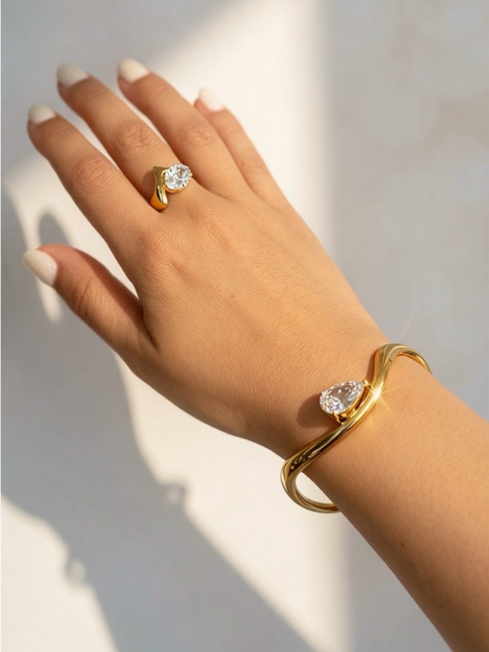 Gold Teardrop Crystal Cuff Bracelet and Ring Set